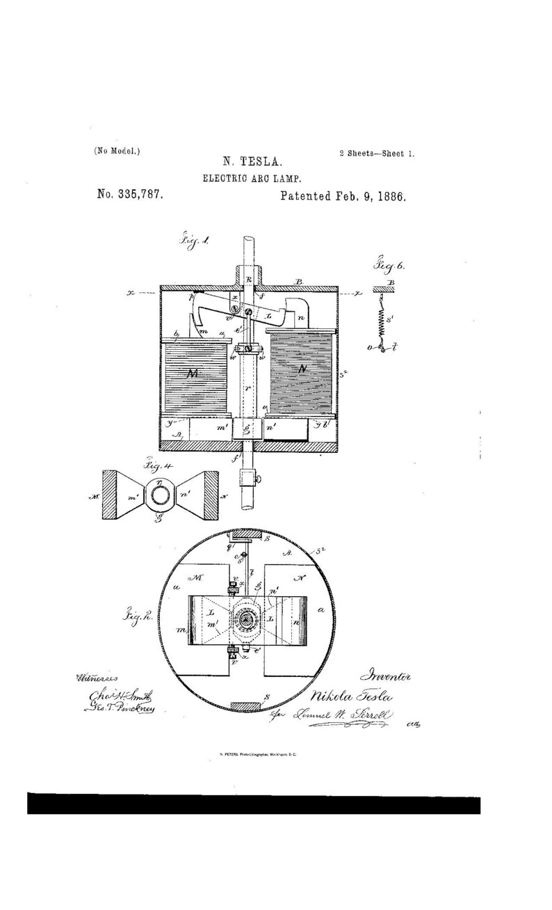 May include: A black and white line drawing of an electric arc lamp, patent drawing, with the text "No. 335,787. Patented Feb. 9, 1886." and "Inventor Nikola Tesla"