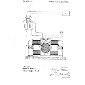 May include: A black and white line drawing of a patent for an electro-magnetic motor. The drawing shows the motor's internal components and wiring. The patent is titled "Electro-Magnetic Motor" and was patented on 31 December 1889, to Nikola Tesla.