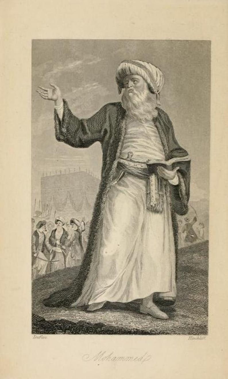 May include: A black and white engraving of a man wearing a turban and robe, holding a book. He is standing in front of a crowd of people. The caption below the image reads "Mohammed".