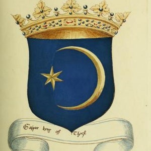 May include: A blue and gold heraldic shield with a crescent moon and a star. The shield is topped with a gold crown and a banner with the text "Gaspar Krug ff Thonge".