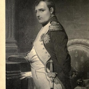 May include: A black and white engraving of a man in military uniform. He is wearing a white shirt with a high collar, a dark jacket with gold buttons and a sash, and a sword. He is standing in a room with a chair and a table. The engraving is titled "Paul Delaroche Pinxit."
