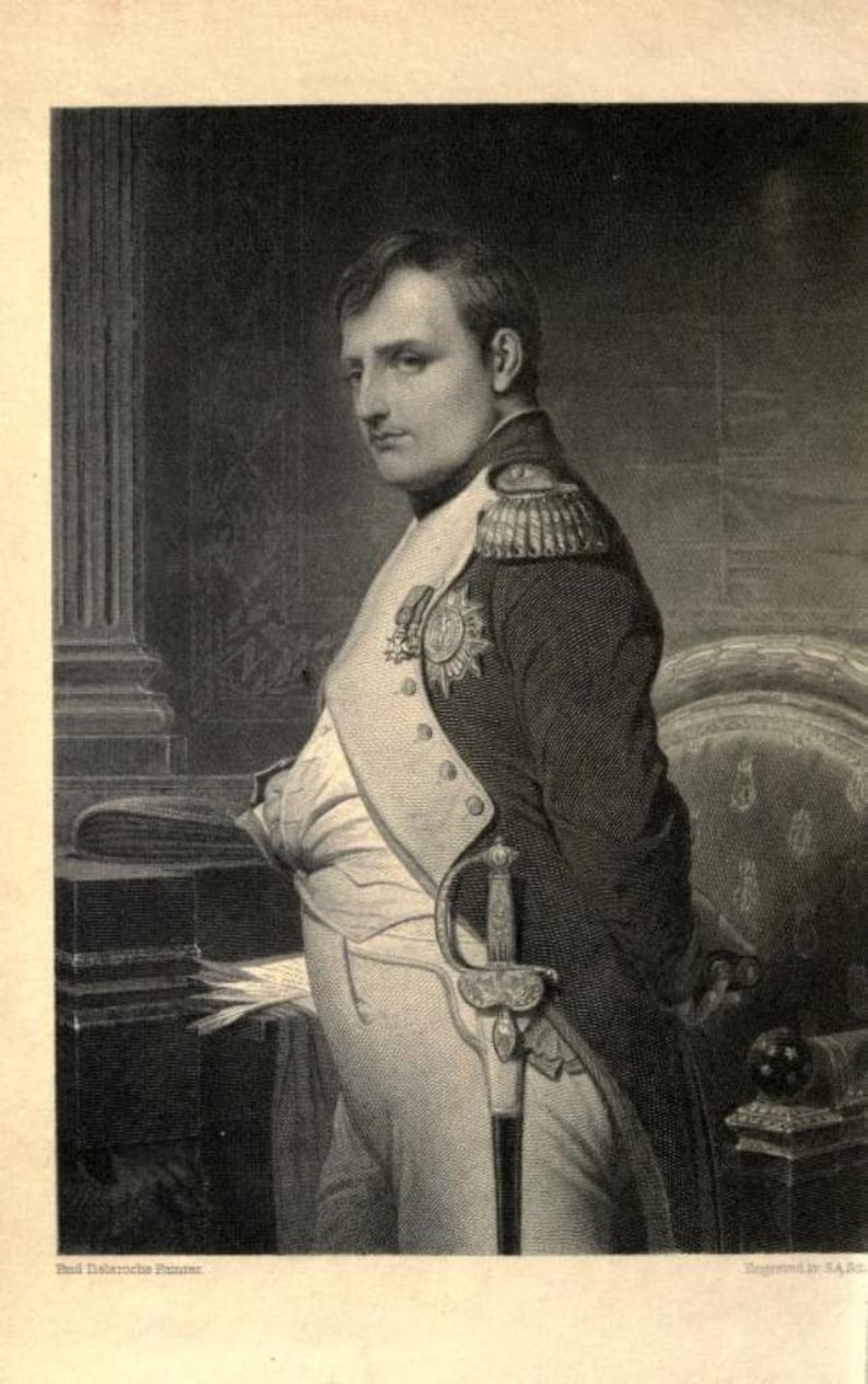 May include: A black and white engraving of a man in military uniform. He is wearing a white shirt with a high collar, a dark jacket with gold buttons and a sash, and a sword. He is standing in a room with a chair and a table. The engraving is titled "Paul Delaroche Pinxit."