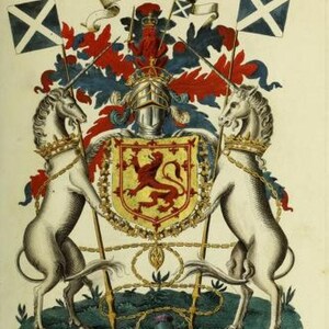 May include: A heraldic coat of arms featuring a red lion rampant on a gold shield, surrounded by a chain of gold and two white unicorns. The shield is topped with a helmet and a crown, and the unicorns are holding up a banner with the text "IN DEFENS".