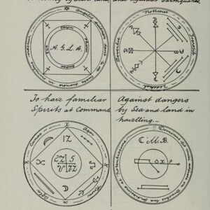 Może przedstawiać: Cztery czarno-białe schematy kołowe z symbolami i tekstem. Tekst zawiera "A Talisman for traveling by Sea or land and against barthquaties", "To have familiar Spirits at Command", "Against dangers by Sea and land in havelling.", oraz "C.M.B. Dominus sit nobis auxilium in agone".