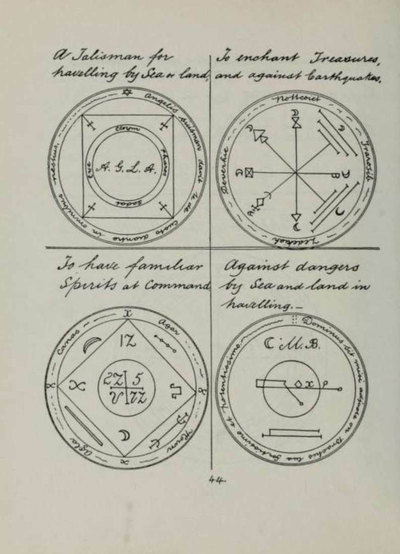 Może przedstawiać: Cztery czarno-białe schematy kołowe z symbolami i tekstem. Tekst zawiera "A Talisman for traveling by Sea or land and against barthquaties", "To have familiar Spirits at Command", "Against dangers by Sea and land in havelling.", oraz "C.M.B. Dominus sit nobis auxilium in agone".