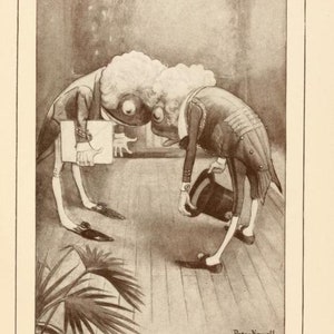 May include: A black and white illustration of two people bowing low to each other. Their curly hair is tangled together. The caption reads "Then they both bowed low and their curls got entangled."