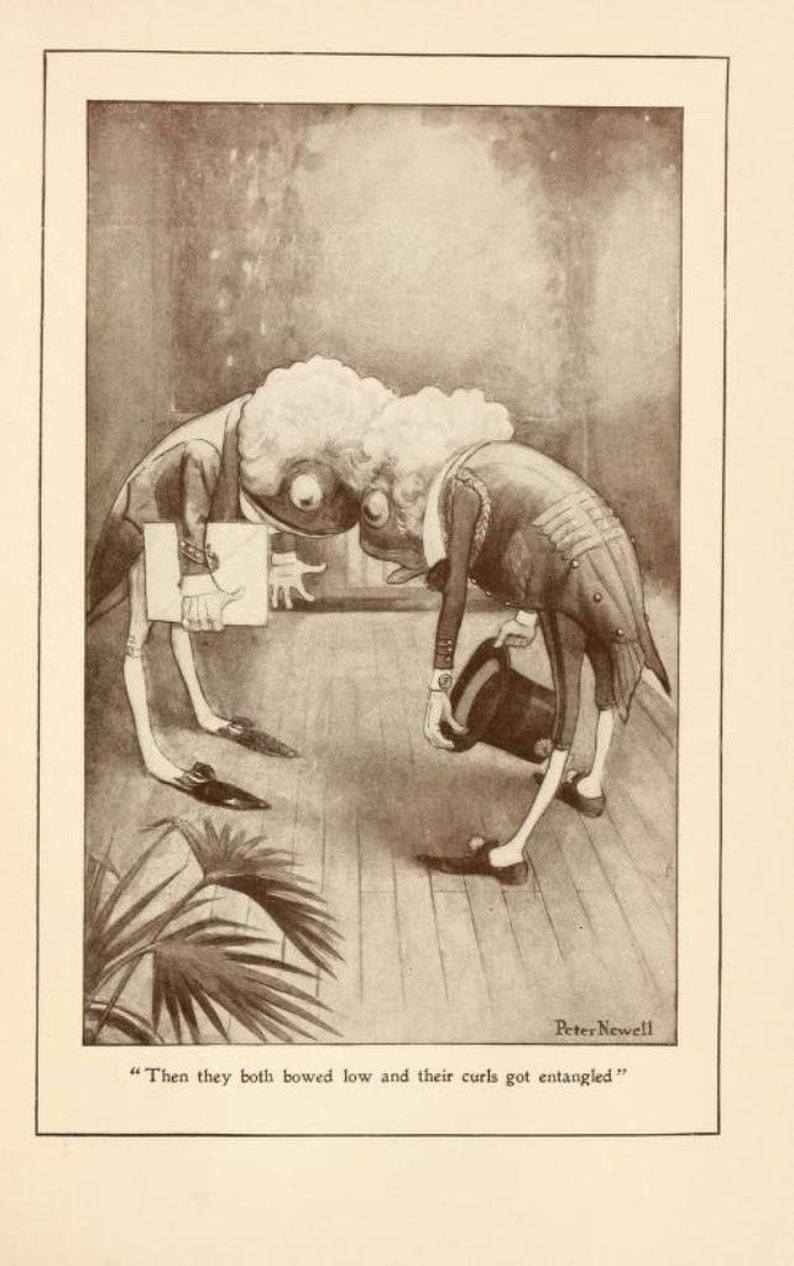 May include: A black and white illustration of two people bowing low to each other. Their curly hair is tangled together. The caption reads "Then they both bowed low and their curls got entangled."