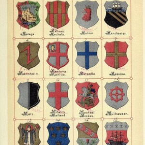 May include: A vintage illustration of coats of arms from European cities. The image is divided into a grid of 16 squares, each containing a different coat of arms. The coats of arms are colorful and detailed, and they feature a variety of symbols, including animals, plants, and geometric shapes. The names of the cities are listed below each coat of arms.
