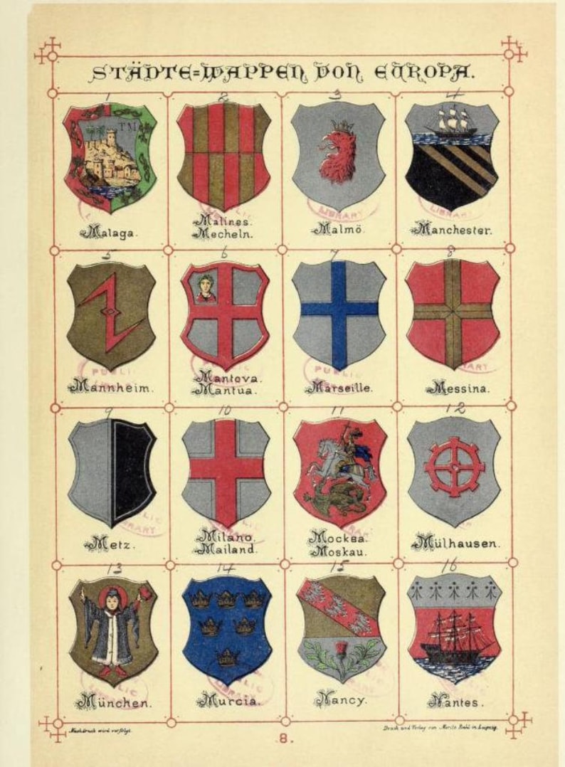 May include: A vintage illustration of coats of arms from European cities. The image is divided into a grid of 16 squares, each containing a different coat of arms. The coats of arms are colorful and detailed, and they feature a variety of symbols, including animals, plants, and geometric shapes. The names of the cities are listed below each coat of arms.