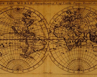 Puede incluir: Un mapa del mundo vintage con un patrón de cuadrícula y líneas que muestran la ruta del viaje de Captain Cook alrededor del mundo. El mapa está impreso en papel amarillento con tinta marrón.