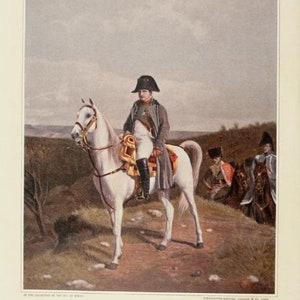 May include: A painting of a man on horseback, wearing a military uniform and a bicorne hat. The horse is white and the man is holding the reins. The painting is set in a landscape with trees and hills in the background. The painting is titled "Meissonier's "1814"".