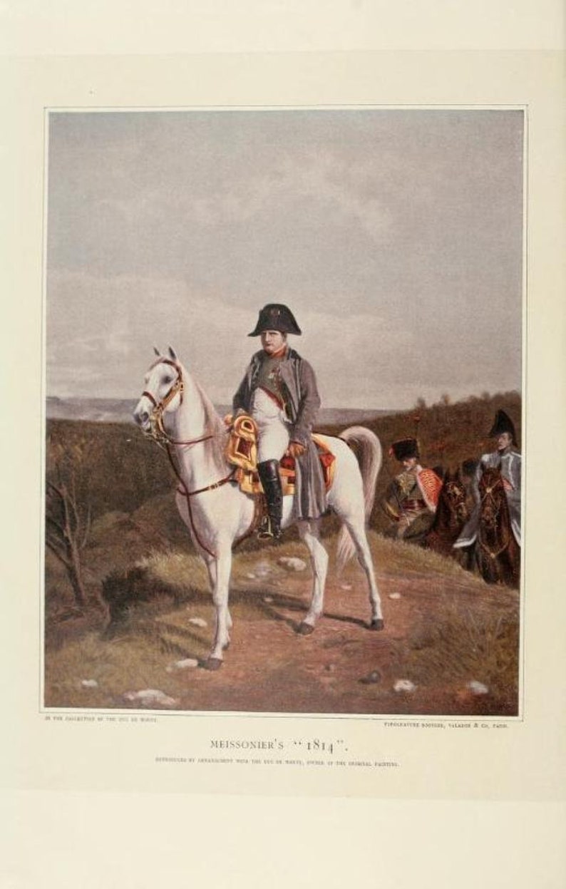 May include: A painting of a man on horseback, wearing a military uniform and a bicorne hat. The horse is white and the man is holding the reins. The painting is set in a landscape with trees and hills in the background. The painting is titled "Meissonier's "1814"".