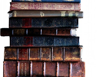 May include: A stack of vintage leather-bound books with various titles and designs. The books are arranged vertically, with the oldest at the bottom and the newest at the top. The books are all in good condition, with no visible damage or wear.