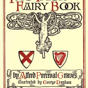 May include: The cover of a book titled "The Irish Fairy Book" by Alfred Perceval Graves, illustrated by George Denham. The cover features a black and white illustration of a fairy with flowing hair and wings, surrounded by stars. The book is published by T. Fisher Unwin in London.
