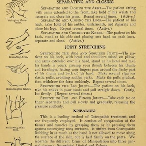 May include: A vintage medical textbook page with illustrations of different hand and body positions for osteopathic treatment. The text describes techniques like separating and closing the arms and legs, stretching the arm and shoulder joints, and kneading.