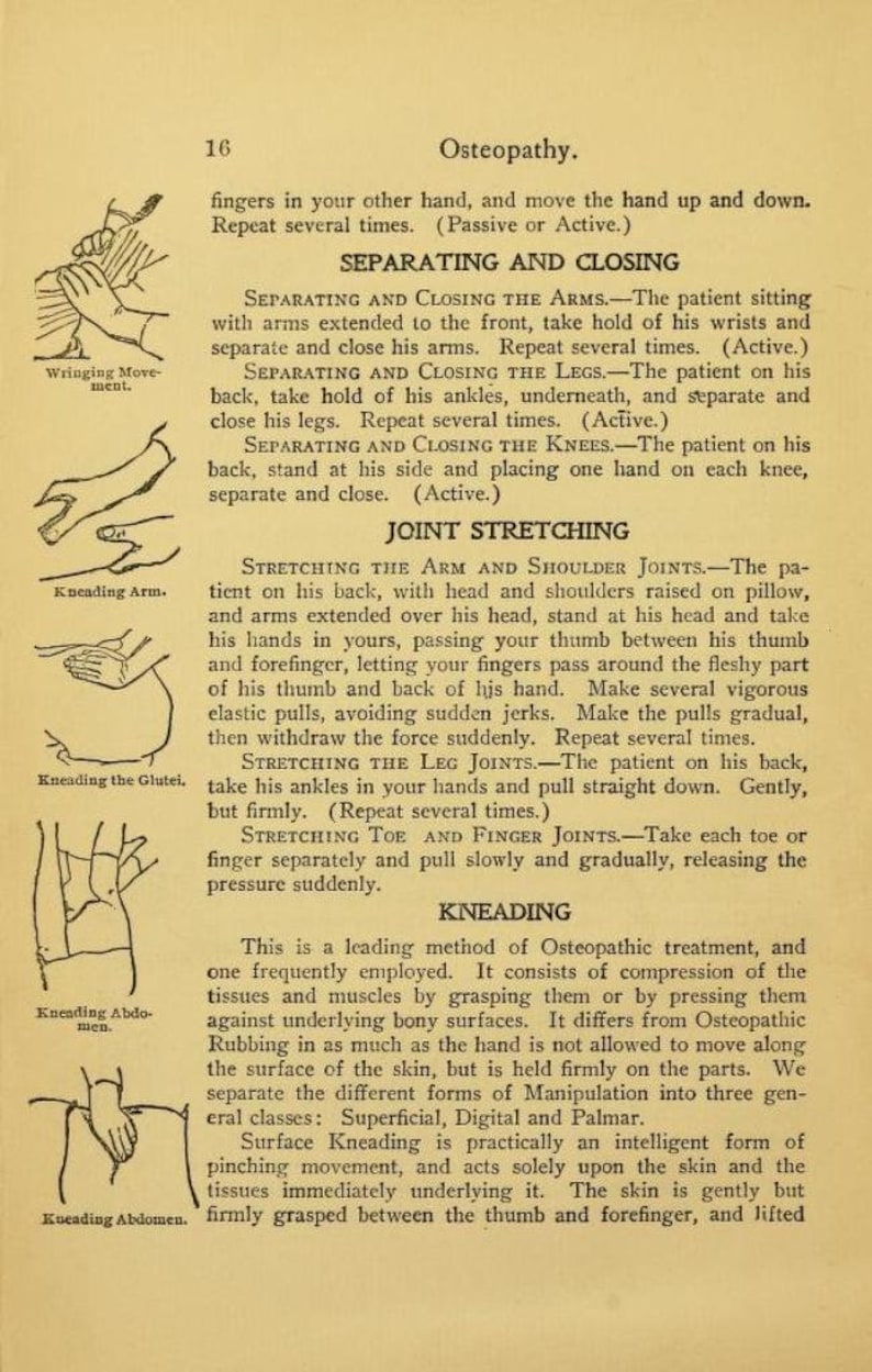 May include: A vintage medical textbook page with illustrations of different hand and body positions for osteopathic treatment. The text describes techniques like separating and closing the arms and legs, stretching the arm and shoulder joints, and kneading.