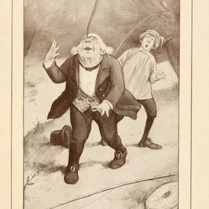 May include: A black and white illustration of a man balancing an eel on his nose. The man is wearing a suit and a top hat. A young boy is standing behind him, looking surprised.