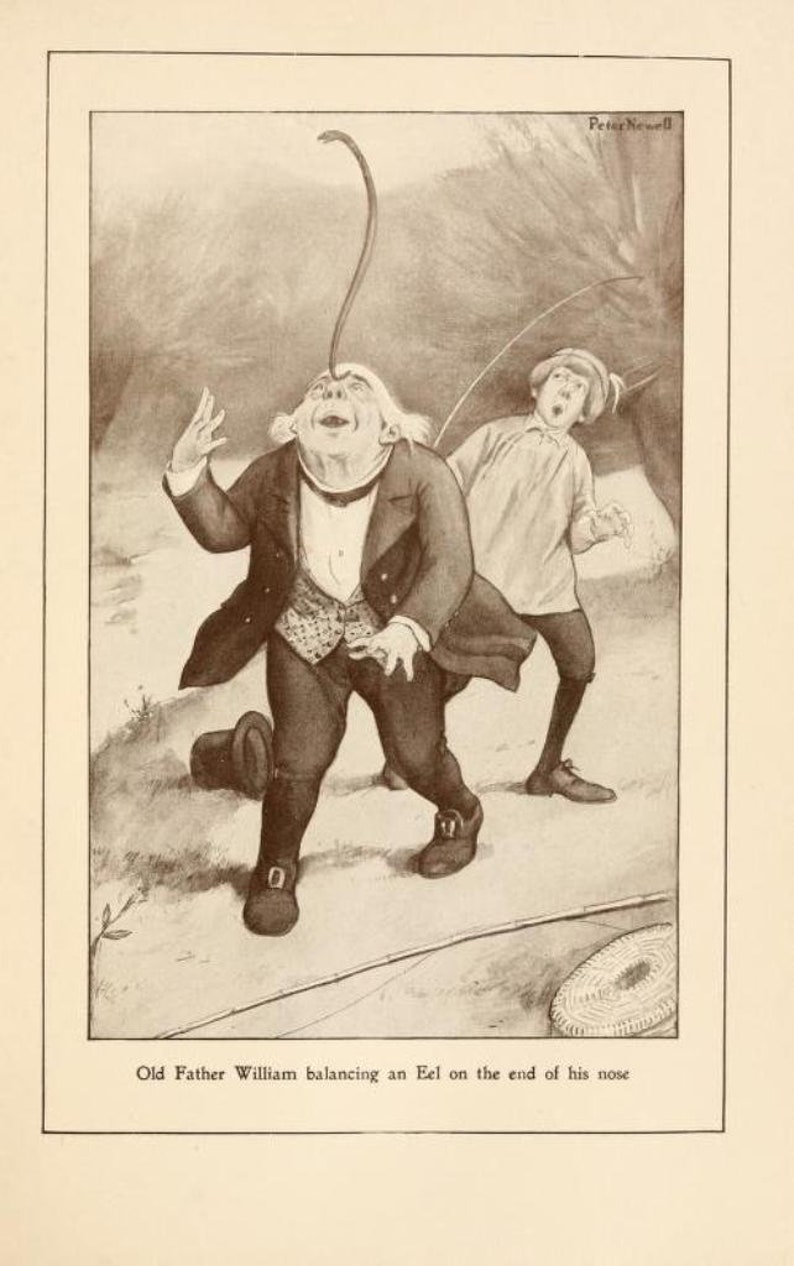 May include: A black and white illustration of a man balancing an eel on his nose. The man is wearing a suit and a top hat. A young boy is standing behind him, looking surprised.