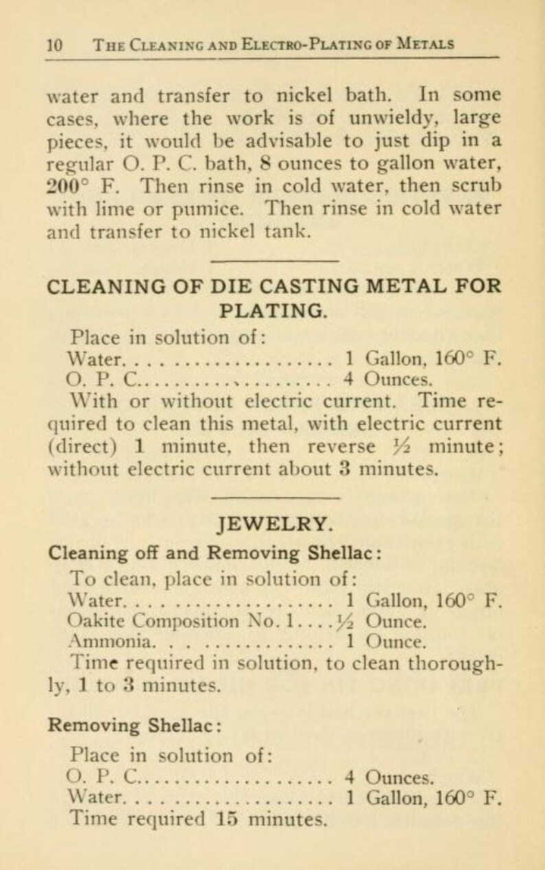 Peut inclure: Une page d'un livre intitul&eacute; "Le nettoyage et l'&eacute;lectro-plaquage des m&eacute;taux" avec des instructions sur la fa&ccedil;on de nettoyer le m&eacute;tal de moulage sous pression pour le placage et sur la fa&ccedil;on de nettoyer et d'enlever le shellac des bijoux. Les instructions comprennent les ingr&eacute;dients et les quantit&eacute;s n&eacute;cessaires pour chaque solution, ainsi que le temps requis pour chaque processus.