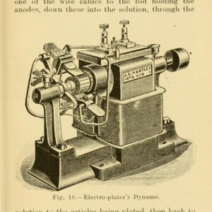 Peut inclure: Illustration en noir et blanc d'une dynamo pour &eacute;lectro-plaquage. La dynamo est &eacute;tiquet&eacute;e "J.E. Hartley & Son".