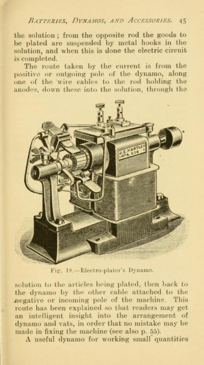 Peut inclure: Illustration en noir et blanc d'une dynamo pour &eacute;lectro-plaquage. La dynamo est &eacute;tiquet&eacute;e "J.E. Hartley & Son".