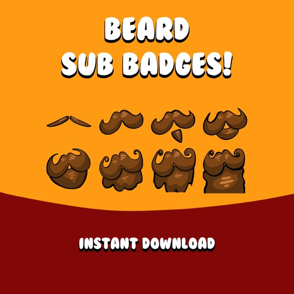 Barbe et moustache - Twitch Sub et bit Badges, icônes d'abonnés, bits, barbes drôles et élégantes dessinées à la main, Manly Chad Pack.
