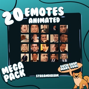 May include: A digital illustration of a pack of 20 animated emotes featuring a character from the TV show "The Office". The emotes are arranged in a grid and are labeled "20 Emotes Animated Mega Pack Streamdream Such Shop Many Cool".