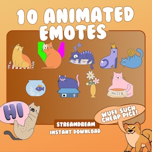 Op de afbeelding: Een set van 10 geanimeerde katten-emotes voor gebruik op streamingplatforms. De emotes tonen verschillende kattenhoudingen en -uitdrukkingen, waaronder een slapende kat, een kat met een kroon, een kat met een viskom en een kat die "Hoi" zegt. De emotes zijn in cartoon-stijl en zijn kleurrijk.