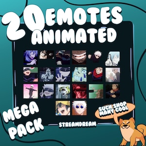 Może przedstawiać: Cyfrowa ilustracja 20 animowanych emotikonów z postaciami z popularnych serii anime. Emotikony są ułożone w siatkę na niebieskim i zielonym tle. Tekst "20 Emotes Animated" znajduje się w górnej części obrazu, a tekst "Mega Pack" znajduje się w lewym dolnym rogu. Tekst "Streamdream" znajduje się w dolnej części środkowej. Tekst "Such Shop Many Cool" znajduje się w chmurce dialogowej w prawym górnym rogu. Kreskówkowy pies znajduje się w prawym dolnym rogu.