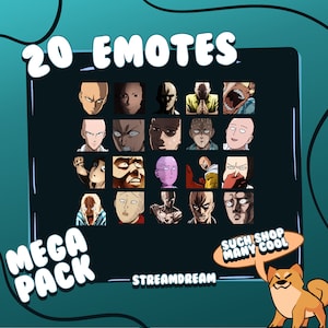 Puede incluir: Una ilustración digital de 20 emojis diferentes que representan a un personaje calvo con diversas expresiones. Los emojis están dispuestos en una cuadrícula y están etiquetados como "20 Emotes Mega Pack". El texto "Streamdream" está en la parte inferior de la imagen, y un globo de diálogo con el texto "Such Shop Many Cool" está en la esquina inferior derecha. Un perro de dibujos animados está en la esquina inferior derecha.