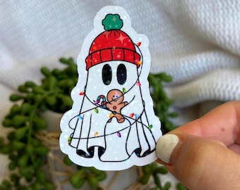 Pegatina holográfica de fantasma navideño: Latte helado, luces navideñas