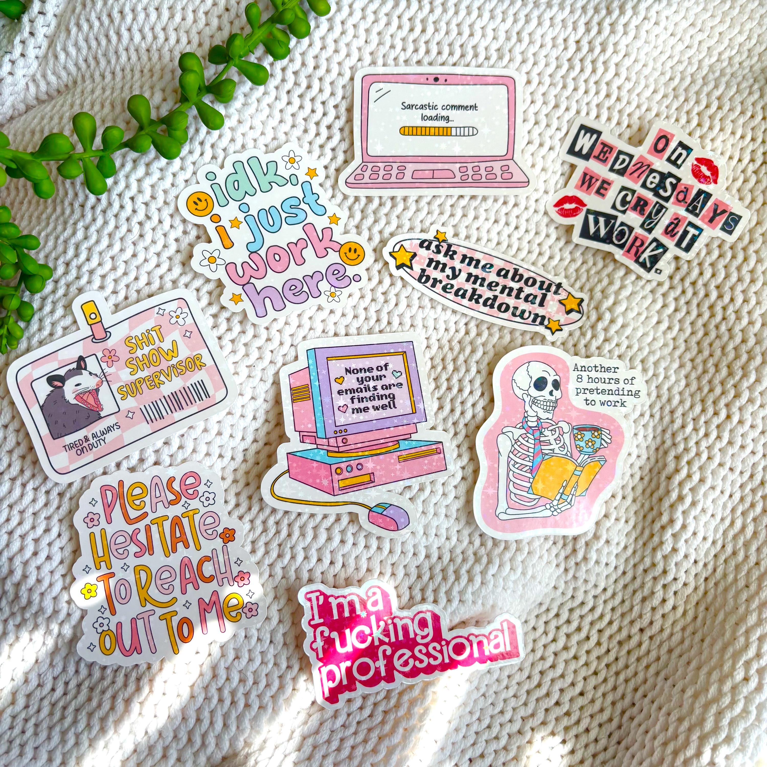 Sarcastic Corporate Girly Assorted Stickers, Funny Holographic Glitter Sticks, Gift for Her, Sparkly, Mental Health Gift, Work Laptop Decal