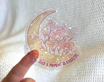 Pegatina holográfica bohemia: Luna creciente, flores y afirmación positiva