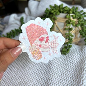 Iced Coffee Skull Glitter Sticker, Skeleton Tired Coffee Sticker, Latte Sticker Pink, Funny Skeleton, Halloween Sticker Sooky Season