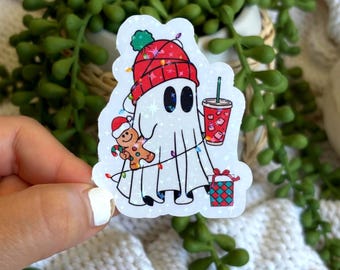 Pegatina holográfica de fantasma navideño: Latte helado, gorro rojo
