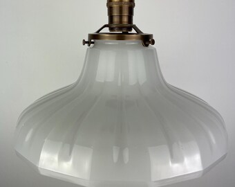 Antique 1920's Milk Glass Pendant Light, 11 1/4" Shade - Antique Brass Hardware