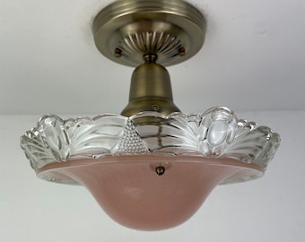 Art Deco Pink Glass 3 Chain Semiflush Light – 1940s Floral 10" Shade