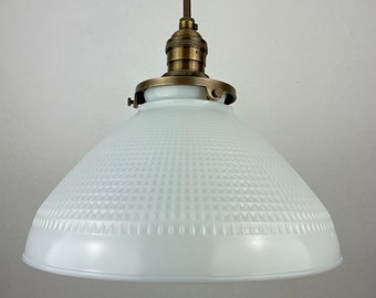 Mid-Century 1950/60&#39;s Original Corning Ware White Waffle Milk Glass 10&quot; Shades | Pendant Light with Antique Brass Hardware