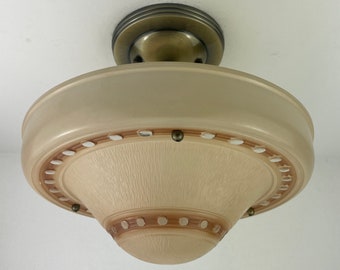 1940s Amber Cream Art Deco 3 Chain Semiflush Light – Dotted Glass Pattern Fixture - 10" Shade