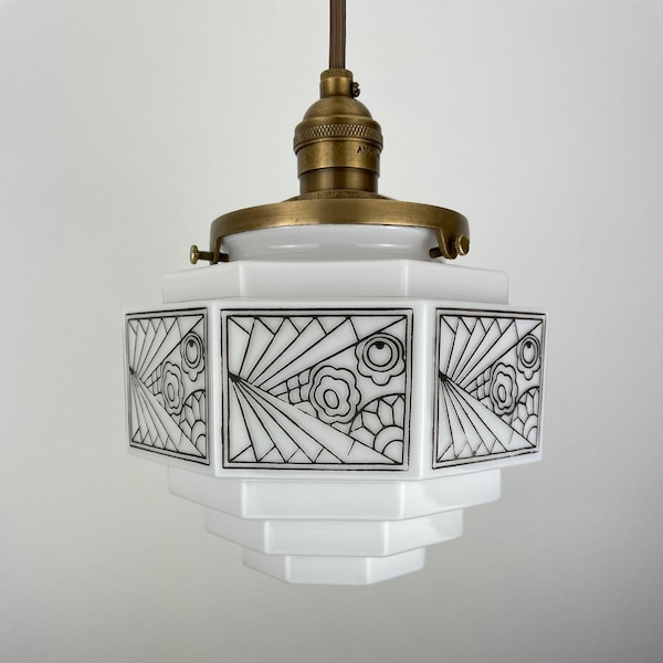 Antique Art Deco Fostoria Skyscraper with black transfer design  - Now a beautiful Pendant Light