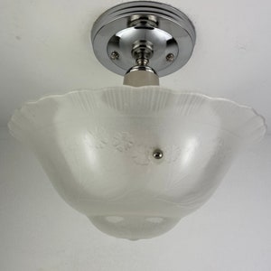 Fabulous Original Art Deco 1940&#39;s 3 Chain Semiflush frosted with glass accents  - all new Satin Nickel hardware