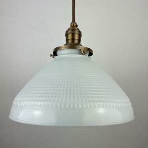 Mid-Century 1950/60&#39;s Original Corning Ware White Waffle Milk Glass 10&quot; Shades | Pendant Light with Antique Brass Hardware