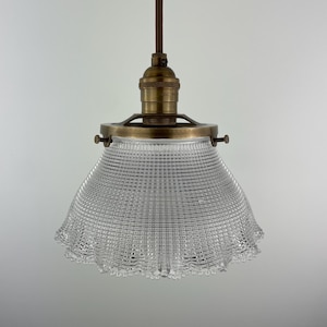Pair of Antique Holophane Pendant Lights – Late 1800s to Early 1900s | Made in New York | Waffled/Cross Cut Glass with Ruffled Edges