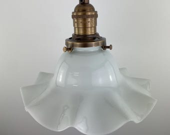 Rare Find Antique 1920&#39;s Ruffled Petticoat Milk Glass Pendant Light with 8 &quot; Shade | with New Antique Brass Hardware