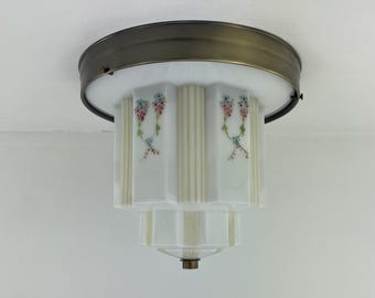 Art Deco Stepped Flush Mount Milk Glass Ceiling Light with Hand-Painted Florals - ***Note 2 in stock**