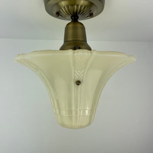 1940's 3 Chain Semiflush Light -  with decorative Custard Glass shade with new antique brass 3 chain hardware