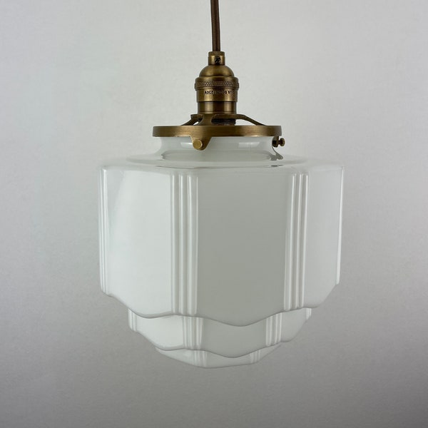 Art Deco - 8" Skyscraper Milk Glass Pendant Light - W/Antique Brass Hardware Hardware ***Please Note I have 2 in Stock***