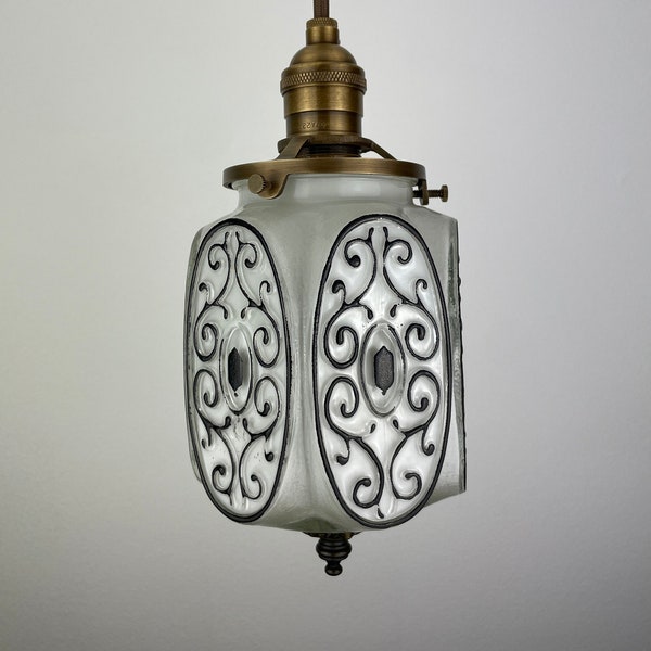 MCM Black & White Pendant Light Pair, Ornate Oval Panels and Brass Finial - 4 3/4" W x 5 1/4" H