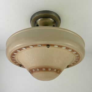 Amber & Cream Art Deco 1940&#39;s 3 Chain Semiflush Light - Cream/Amber  W/dotted clear glass pattern