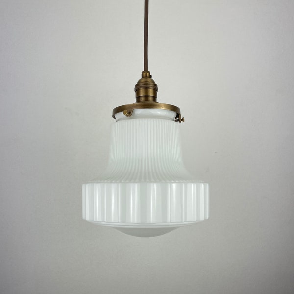 Antique Art Deco 1930's Ribbed Milk Glass Shade - Now a beautiful Pendant Light